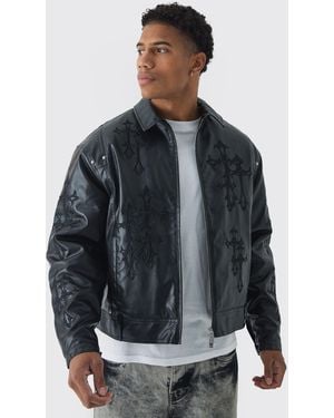 BoohooMAN Cross Applique Pu Bomber Jacket In Black