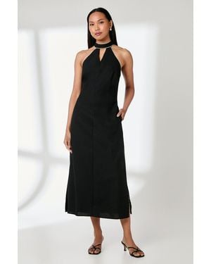 PRINCIPLES Contrast Detail Halterneck Midi Dress Linen - Black