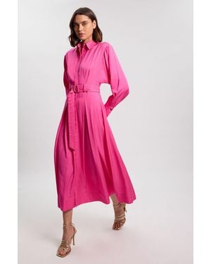Karen Millen Premium Viscose Linen Woven Shirt Dress With Buckle Belt - Pink
