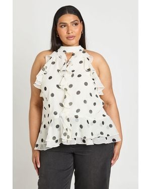 Boohoo Plus Polka Dot Chiffon Halterneck Ruffle Top - White
