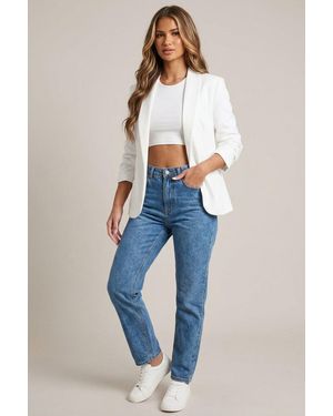Femme Luxe Ruched Sleeve Tailored Open Front Blazer - Blue