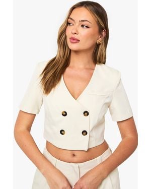 Boohoo Contrast Button Collarless Cropped Blazer - White