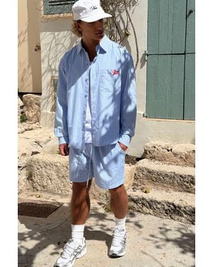BoohooMAN Stripe Poplin Curved Hem Embroidered Oversized Long Sleeve Shirt & Baggy Short Set - Blue