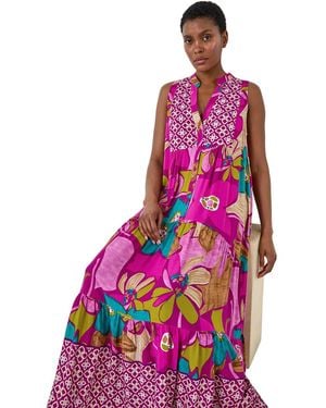 Roman Boho Floral Print Smock Maxi Dress - Pink