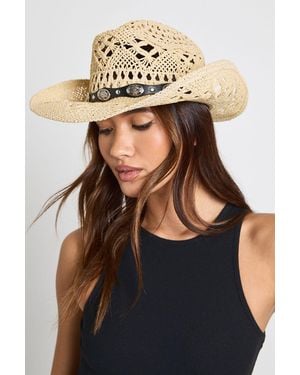 Boohoo Studded Trim Straw Western Cowboy Hat - Natural