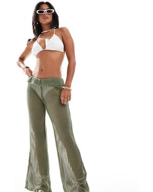 Only Petite Flare Beach Trousers With Folded Waistband - Green