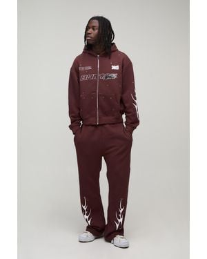 BoohooMAN Oversized Boxy Rhinestone Moto Zip Up Tracksuit - Red