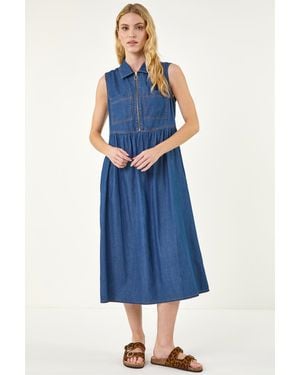 Roman Collared Front Zip Midi Dress - Blue