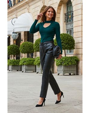 Sosandar Faux Leather Belted Straight Leg Trousers - Green