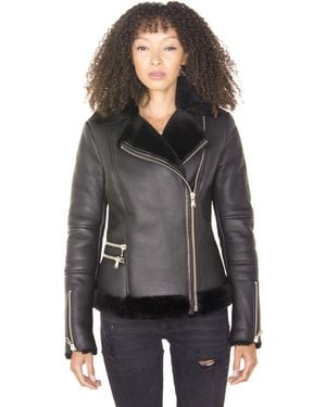 Infinity Leather Shearling Sheepskin Aviator Jacket-Kiev - Black