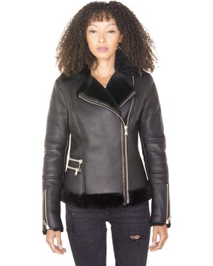 Infinity Leather Shearling Sheepskin Aviator Jacket-Kiev - Black