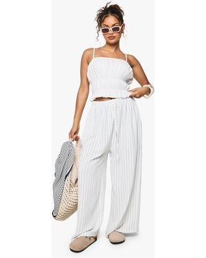 Boohoo Striped Linen Wide Leg Trouser - White
