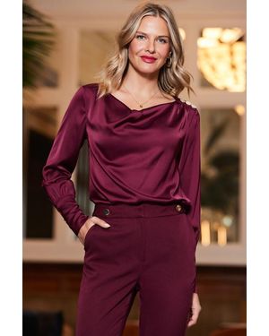 Sosandar Burgundy Satin Cowl Neck Top - Purple