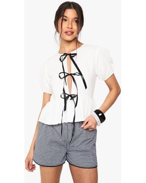 Boohoo Linen Look Bow Puff Sleeve Top - White