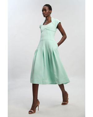 Karen Millen Compact Stretch Dropped Waist Full Skirted Midi Dress - Green