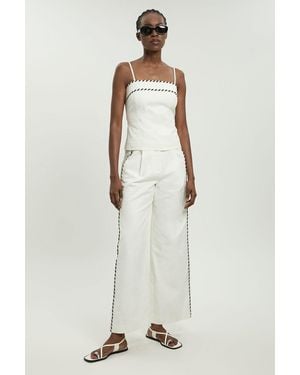Karen Millen Petite Tailored Linen Blend Contrast Stitch Straight Leg Trouser - White