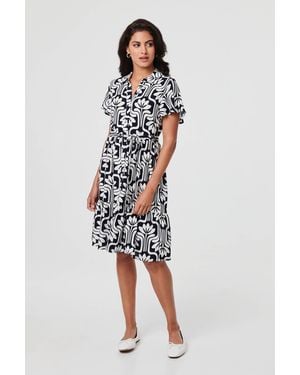 Izabel London Printed Short Sleeve Mini Shirt Dress - Blue