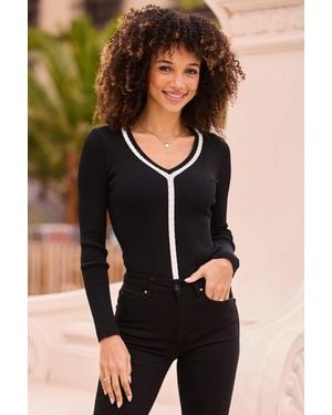 Sosandar Contrast Trim Cable Detail V Neck Jumper - Black