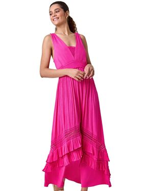Roman Lace Detail Shirred Frill Maxi Dress - Pink