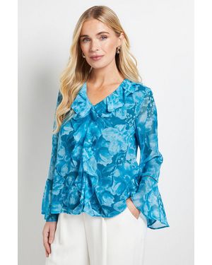 Wallis Petite Floral Lace Trim Ruffle Blouse - Blue