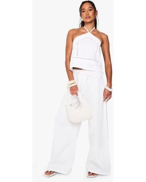 Boohoo Drawstring Waist Poplin Wide Leg Trousers - White