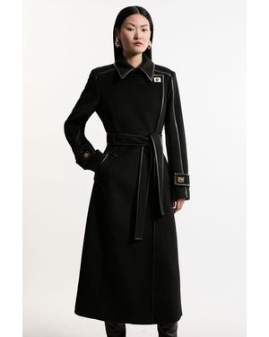 Karen Millen Brushed Wool Pu Trim Belted Tailored Double Breasted Midi Coat - Black