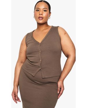 Boohoo Plus Soft Rib Button Down Longline Waistcoat - Brown