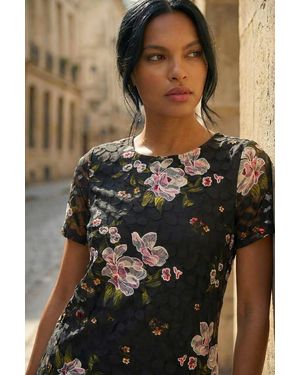 Roman Floral Print V-Neck Lace Stretch Top - Black
