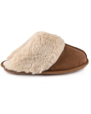 Totes Isotoner Real Suede With Fur Cuff Mule Slippers Tan - Brown