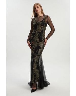 Karen Millen Petite Floral Applique Embellished Metallic Georgette Woven Maxi Dress - Black