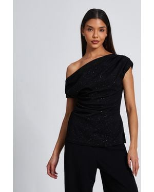 Quiz Glitter Drape Neck Top - Black