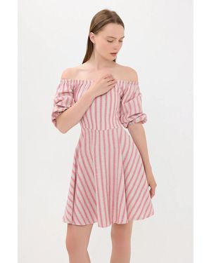 Hiccup Striped Off Shoulder Balloon Sleeves Mini Dress - Pink