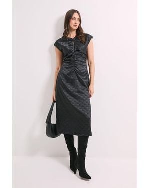 PRINCIPLES Ruched Front Satin Jacquard Keyhole Detail Midi Dress - Black