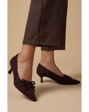 Oasis Rita Faux Suede Double Bow Mary Jane Kitten Heel Court Shoes - Brown