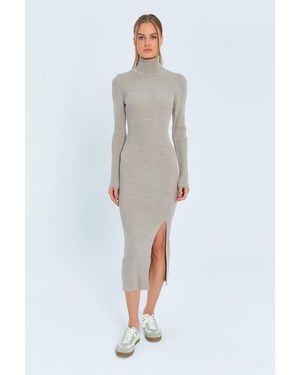 MixRay Turtleneck Midi Knit Dress With Slit - White