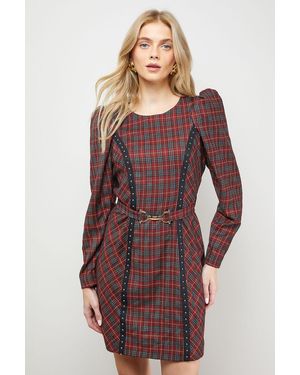 Oasis Checked Belted Crew Neck Mini Dress - Purple