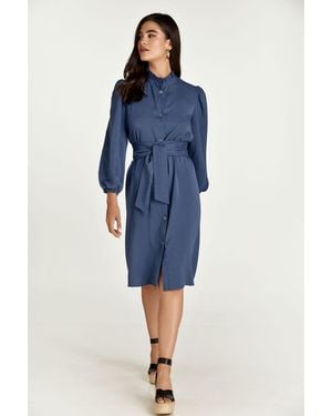Conquista Belted Long Sleeve Dress - Blue
