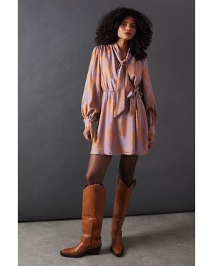 Warehouse Satin Rose Jacquard Tie Neck Flippy Mini Dress - Grey