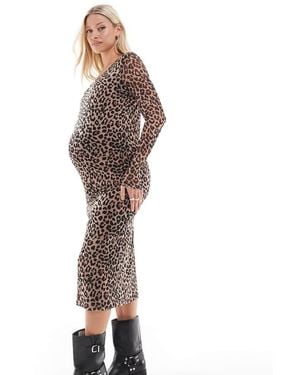 Mama.licious Maternity Long Sleeve Mesh Midi Dress - Brown