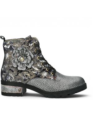 Laura Vita Gothic Victorian Floral Leather Lace-Up Boots - Black