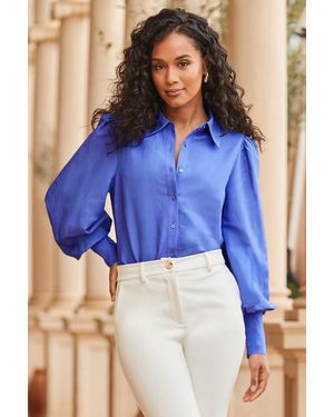 Sosandar Linen Blend Blouson Sleeve Shirt - Blue