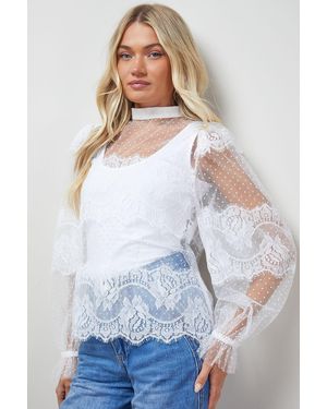 Oasis Lace Frill Detail High Neck Sheer Blouse - White
