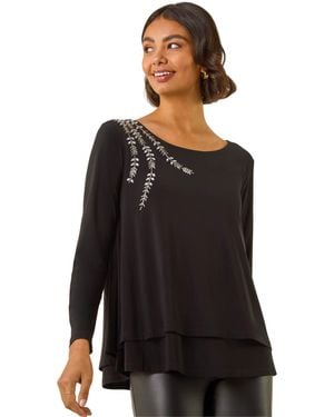 Roman Embellished Double Layer Tunic Top - Black