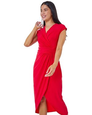 Roman Petite Ruched Wrap Midi Dress - Red