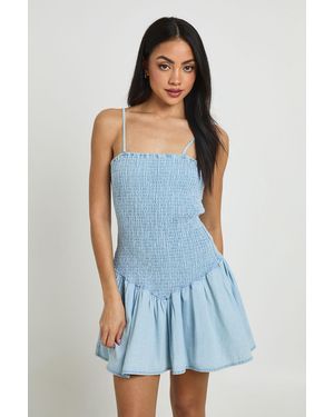 Boohoo Chambray Shirred Skater Dress - Blue