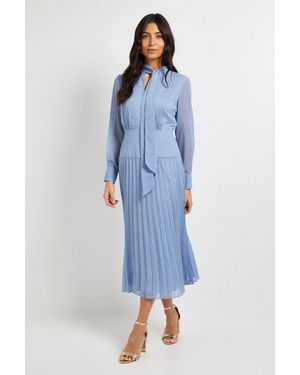 Wallis Clipped Tie Neck Pleated Shirt Dress - Blue