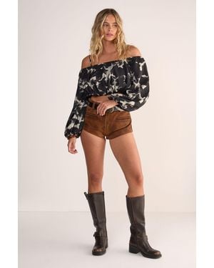 Nasty Gal Graphic Floral Bardot Balloon Sleeve Crop Top - Black