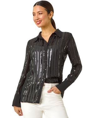 Roman Sequin Stripe Button Shirt - Black