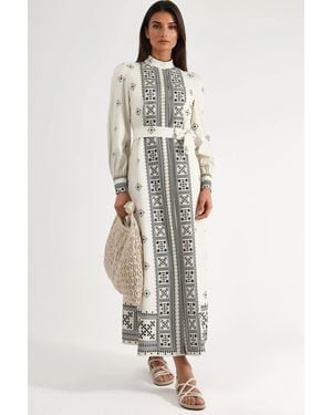 Msn-Collection Mandarin Collar Geometric Panelled Maxi Dress - White