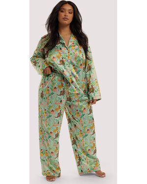Playful Promises Bodil Jane Nudes And Flowers Drop Hem Recycled Satin Long Sleeve Pj Top - Green
